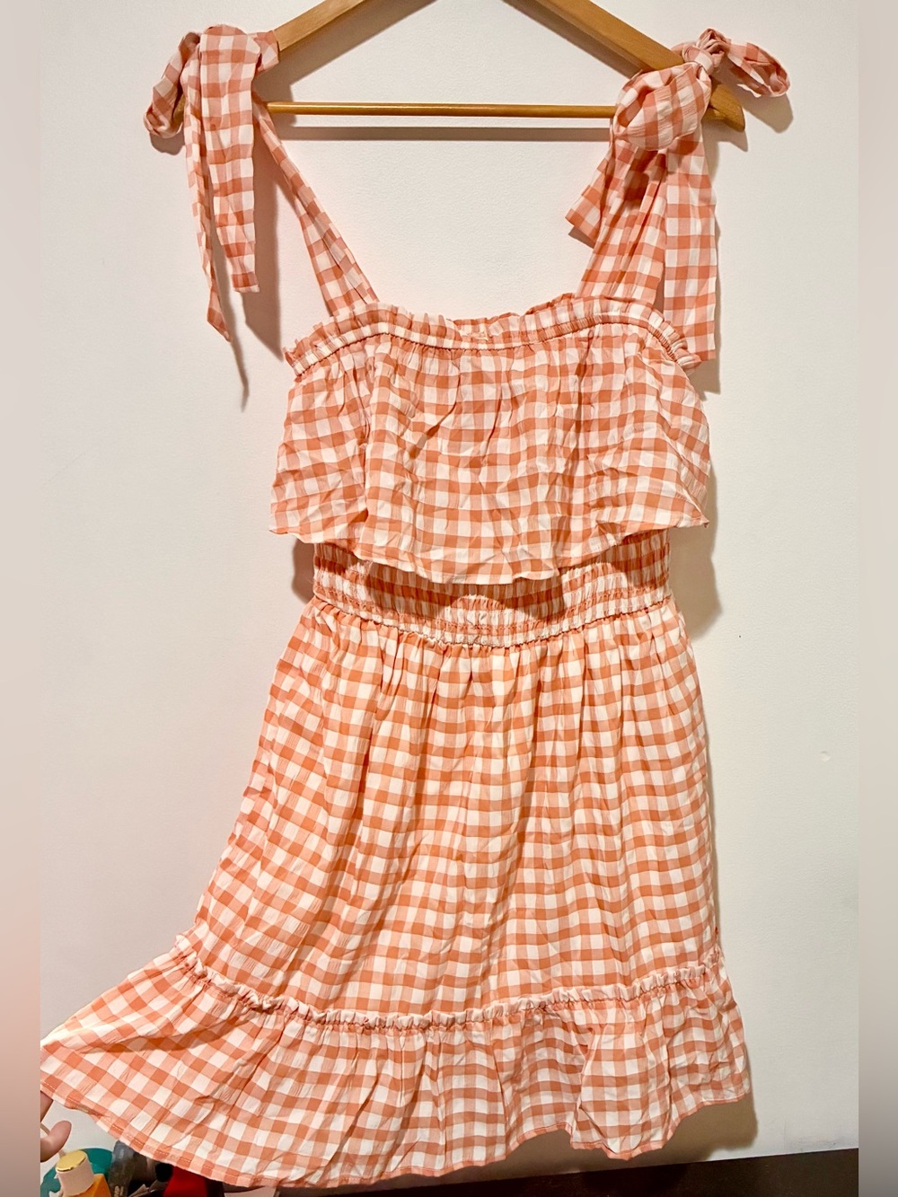 Magnolia | Peach and White Gingham Tie-Shoulder Mini Dress